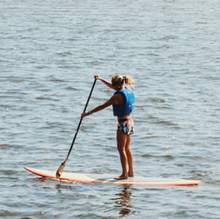 Woman paddle boarding in the open ocean